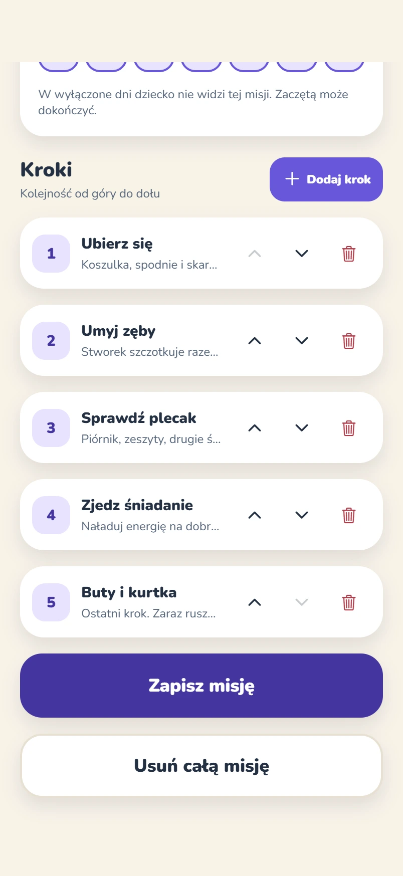 Aplikacja: edycja misji z krokami Ubierz się, Umyj zęby i Sprawdź plecak